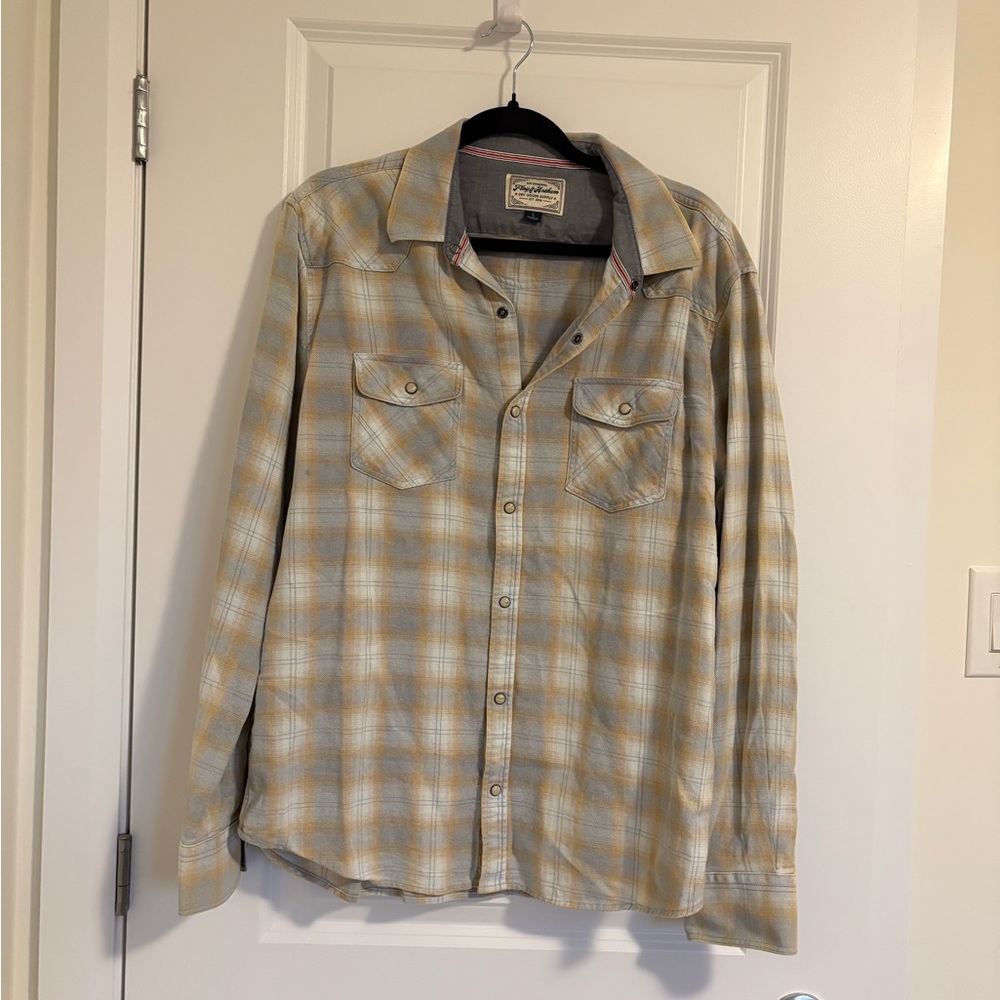 Light Tan and Pale Blue Plaid Button-Up Shirt